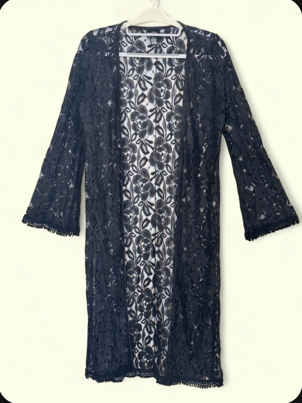 Rue 21 Black Whimsigoth Witchy Fairy Grunge floral lace fringe duster cardigan